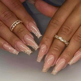 Coffin Press On Nails Medium Fake Nails French Tip False Nails With Glitter Design Nude Acrylic Nails Full Cover Artificial Nails Glossy Glue On Nails Stick On Nails For Women 24pcs