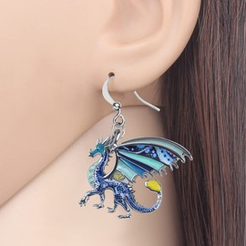 Enamel Alloy Dinosaur Fantasy Dragon Earrings Drop Dangle Unique Animal Jewelry for Women Dragons Gifts (Azure)