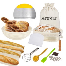 Sourdough Bread Baking Supplies,Sourdough Banneton Bread Proofing Basket Set of 2,9 Inch Round &10 Oval,Sourdough Starter Kit,for Making Baking,With Bread Lame,Linen Liner,Dough Whisk,Bread Bag