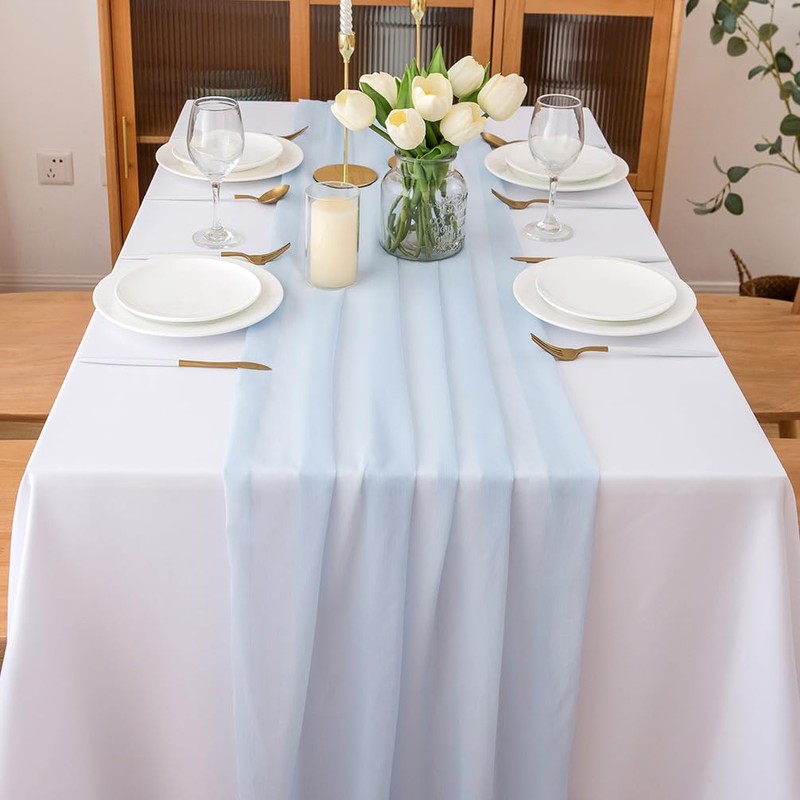 Chuqing Chiffon Table Runner, Light Blue, Decorative Table Runner, Table