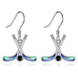YAFEINI Hockey Earrings Sterling Silver Abalone Shell Hockey Stick and Ball Dangle Drop Earrings Hockey Jewelry Gifts for Women