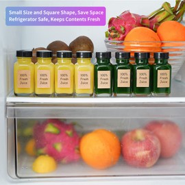 Syntic Clear Reusable Ginger Shot Bottles with Caps - 8 Pack 2 oz Small Square Glass Jars with 8 Sealed Conical Inner Caps & 8 Airtight Lids, Wide Mouth Juice bottles for Fridge, Extra Sticker, Funnel