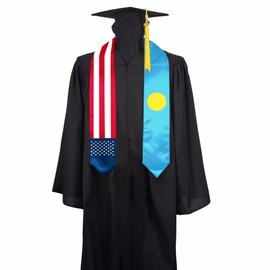 SECUNL Palau National & USA Flag Graduation Stole Sash Scarf Double Sided International Student Graduation Decoration Item Gift