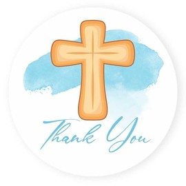 Cross Thank You Stickers by Adore By Nat – Christian Religious Labels for Baptism, First Communion, Party Favors, Envelope Seals & Gifts (Blue, 1.5" - 50 Stickers)