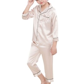 Happy Cherry Boys Soft Pajamas Set Two Piece Silk PJS Set Comfortable Soft Sleepwear Long Sleeve Button Down Pajamas Set Solid Fashion Summer Pajamas Set Beige 11-12Y