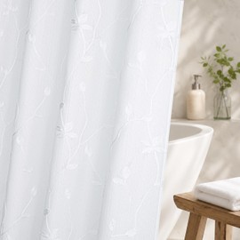 Embroidered Leaf Farmhouse Shower Curtain,Faux Linen,72Wx84L,White