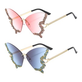 EHDWXVZM 2 Pairs Butterfly Glasses with Rhinestones, Rimless Sunglasses, Women's Sunglasses, Fashionable Sunglasses, Creative Sunglasses, Accessories, Gray-Blue Lenses