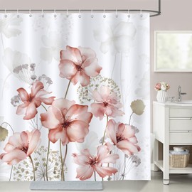 Bonhause Shower Curtain Watercolour Pink Flowers Plants Shower Curtains 180 x 180 cm Anti-Mould Waterproof Polyester Fabric Washable Bathroom Curtain for Bathroom with 12 Hooks