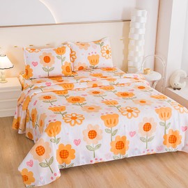 WFFFa 4PC Cute Floral Printed Bed Sheet Set,Soft Breathable Fabric Flat Sheet Fitted Sheet and Pillow Cases Set (Orange Flower, Full)