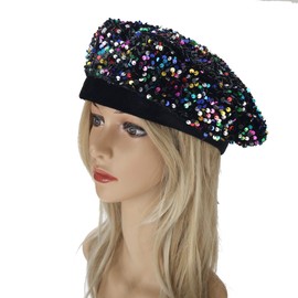 IHAUIUE Sparkly Sequin Beret Hat Women Shining French Hats Fashion Dazzling Artist Caps for Party Club Dance, Colorful, One Size-Large