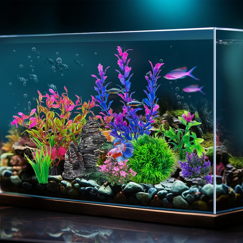 Ameliade Aquarium Artificial Plastic Plants Decorations and Rock Cave Decor