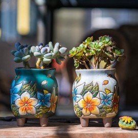 Sungmor Set of 4 - Beautiful Handicrafts Flower Style Ceramic Planter - 8.4CM Succulent Cactus Plant Pot - Pretty Desktop Windowsill Landscape Flowerpot - Home & Office Decor Pots - Simple Gift Idea