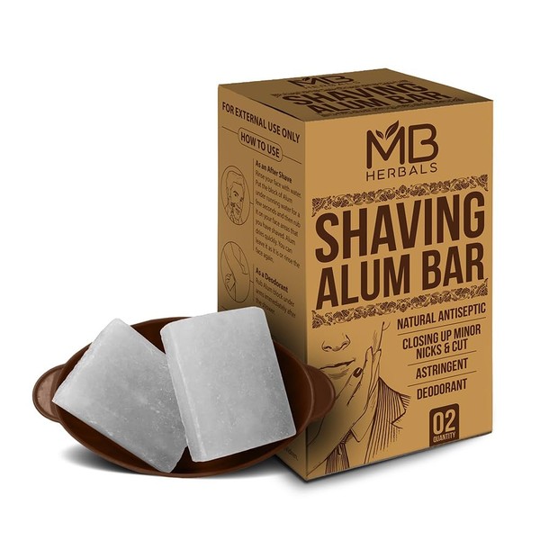 MB Herbals Shaving Alum Block 3.5 oz x 2 Pcs | Pack of 2 Alum Blocks 100G Each | Potassium Shaving Alum Block Bar 3.5 oz x 2 | No Fragrance | Stops Bleeding Minor Nicks Cuts After Shave