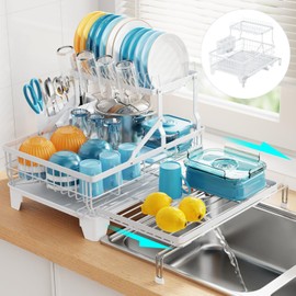 GSlife Large Dish Drying Rack - Extendable 2-in-1 Dish Racks for Kitchen Counter or Over Sink, 2 Tier Dish Drainer with Drainboard, Cups Holder and Utensil Holder, White