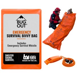 BUG OUT Survival Bivvy Bag with Emergency Whistle Kit, Waterproof, Orange, Made in the UK, DofE Ready, Camping, Hiking