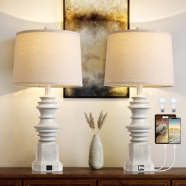 QiMH Table Lamps for Nightstand Set of 2, Bedside Lamp with USB A+C Charging Ports, Farmhouse Table Lamps with White Fabric Lampshade, Lamps for Living Room and Bedroom with 3 Color Modes Bulbs, Grey