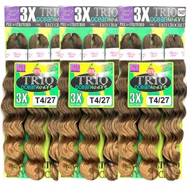 3X TRIO OCEAN WAVE 20" (3 PACK) 9 BUNDLES SYNTHETIC BRAIDING HAIR FOR CROCHET BRAIDING (#4/27 LIGHT BROWN/STRWBRRY BLONDE)