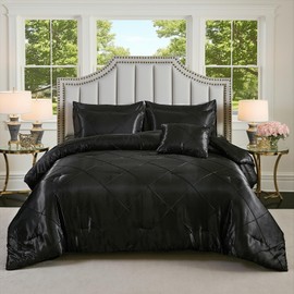 Bedbay Satin Bed Set King,Black Satin Comforter Set 8 Pieces,Luxury King Size Bed in a Bag,Black Bedding Set with Pleat Comforter,Flat Sheet,Fitted Sheet,Pillowcases,Decorative Pillow Cover