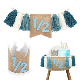 1/2 Birthday Boy, 6 Month Boy Banner Decorations Hat, Blue Tassel Wood Bead High Chair Garland For Baby Birthday Party Nursery Room Decoration