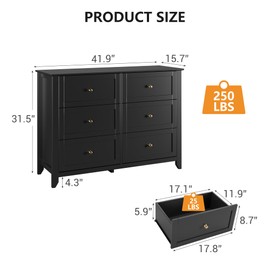Garveehome Black Dresser for Bedroom, 6 Chest of Drawer Dresser with Metal Handles, Modern Wood Organizer for Closet Storage, Living Room, Entryway, Hallway