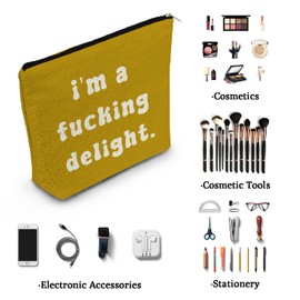 YULUENZE Funny Quote Makeup Bag Cute Small Yellow Organizer Bag Canvas Toiletry Zipper Pouch I'm A Delight Cosmetic Bag Ideal Birthday Gift for Women Friends Sisters BFF