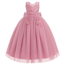 IDOPIP Flower Girl Lace Dress for Kids Wedding Bridesmaid Pageant Party Formal Long Maxi Gown Big Little Princess First Communion Birthday Prom Ball Bowknot Puffy Tulle Dresses Dusty Pink 13-14 Years