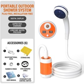 EcoTrek High-Efficiency Outdoor Shower: Adjustable 2-Speed Water Flow, 5200mAh Rechargeable Pump, Smart Digital Display (Temp/Battery), IPX7 Rated, Essential Camping Gear (Orange)