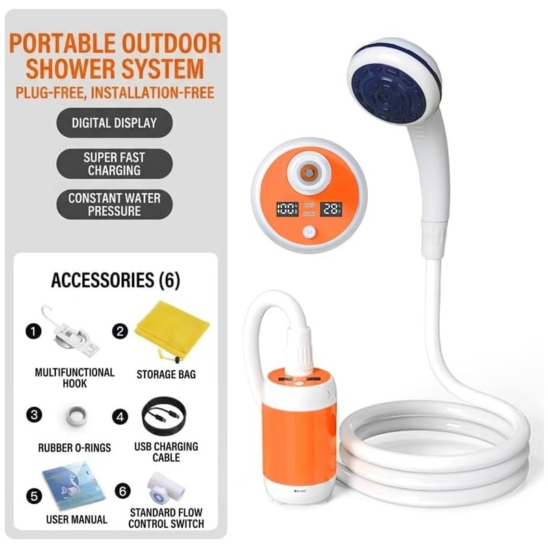 EcoTrek High-Efficiency Outdoor Shower: Adjustable 2-Speed Water Flow, 5200mAh Rechargeable