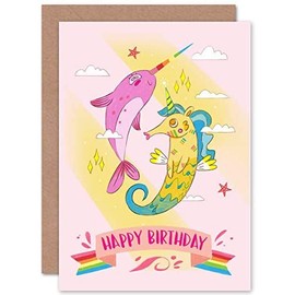 Wee Blue Coo Unicorn Seahorse Narwhal Birthday Greeting Card With Envelope Blank Inside Premium Quality