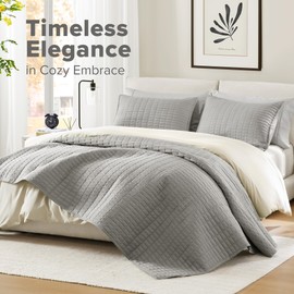Comfort Spaces Grey Oversized King Quilt Set 120"x118" Bedspread Quilted Summer Lightweight Microfiber Bedding Coverlet with Double Sided Stitching Soft All Season Cozy 3 Piece with Matching Shams