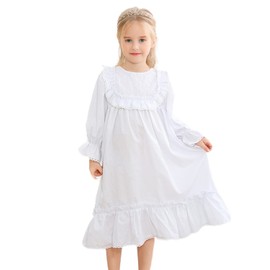 Alunsito Girls Kids Cotton Princess Nightgown Sleepwear Ruffle Long Sleeve Nightdress for Toddler Fall Winter Nightdress 140 White 8-9 Years