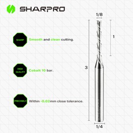 SHARPRO Downcut Spiral Router Bit 1/4 Inch Shank 1/8 Inch Cutting DIA. 1 Inch CL. 3 Inch Extra Long OVL. Down Cut Solid Carbide CNC Bit, Ideal for Wood Cutting, Slot Mortise, Carving, Engraving