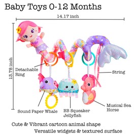 Baby Car Seat Toys, Car Seat Toy for Babies Infants 0-6 Months Activity Spiral Mermaid Hanging Stroller Toys Gift for Baby Girls 0 3 6 12 Months Newborns Sensory Toys with Rattles Squeaker Music- Pink
