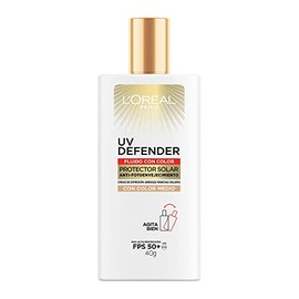 L'Oréal Paris Protector Solar Diario Fluid FPS50+ UV Defender con color tono medio, 40g + L'Oréal Paris Serum de Ojos Anti Líneas de Expresión Revitalift Ácido Hialurónico, 20 ml