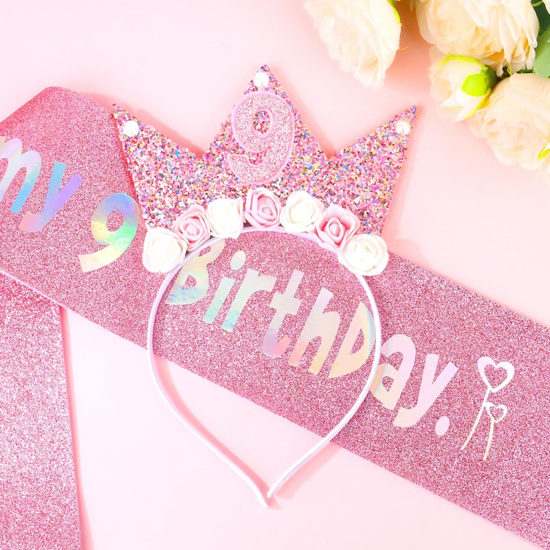 Casoty 9th Birthday Girl Crown Headband and Sash Set –