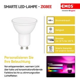 EMOS GoSmart LED Reflector Lamp, MR16 ZigBee 4.8W Replacement for 35W, Brightness 400lm, RGB, Light Color 2700-6500K, ZigBee Gateway, Compatible with Tuya GoSmart App, Voice Assistant, GU10 Socket,