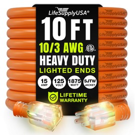 10ft Outdoor/Indoor Extension Cord 10/3 Gauge Ultra Heavy Duty 3 Prong SJTW, Waterproof, ETL Listed, Flexible Cold-Resistant Long Power Cord,15A 125V 1875W, Orange by LifeSupplyUSA