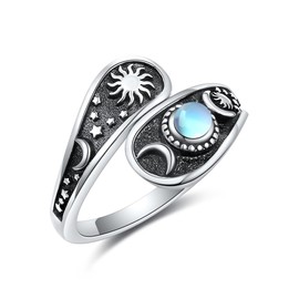 Spoon Rings for Women Sterling Silver Sun Moon and Star Spoon Rings Moonstone Spoon Jewelry for Women, Silver