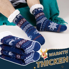 Men's Fleece Lined Cozy Extra Thick Slipper Socks Winter Non-Slip Fuzzy Home Sleeping Stockings (Blue Deer)
