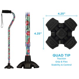 NOVA Sugarcane, Walking Cane with All Terrain Rubber Quad Tip Base and Carrying Strap, Canterbury