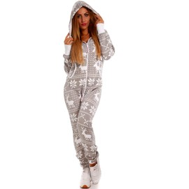 Crazy Age Cuddly Jumpsuit (Hoodie), Overalls, Full Body Suit with Reindeer, Ice Crystals Motifs, CA-J-603, for Relaxing and Chilling, lightgrey
