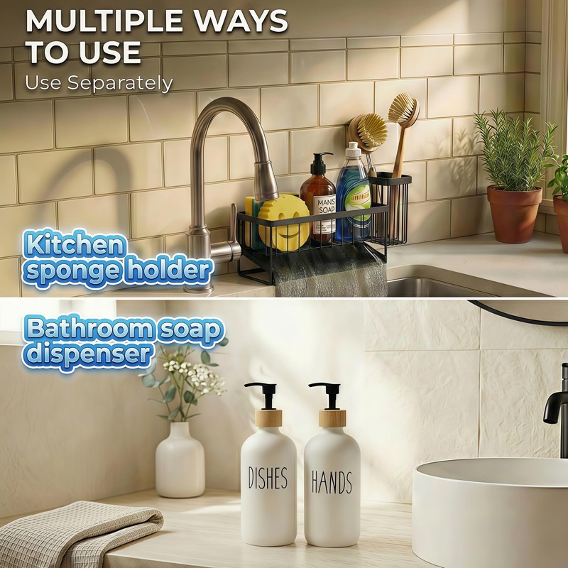 Kitchen Dish Soap Dispenser Set with Sponge Holder, 12OZ Glass