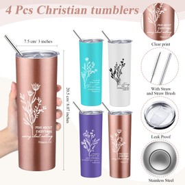 Sieral 4 Sets Christian Gifts for Women 20 oz Bible Verse Tumbler Cup Religious Aesthetic Makeup Cosmetic Bags Scripture Silicone Keychains for Easter Holy Week Mothers Day Church Sunday School