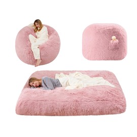 Bean Bag Bed Giant Bean Bag Chairs for Adults, Large Floor Mattress Convertible Sofa Bed, Big Bean Bag Chairs Couch, Removable Sofa Bed Chair Foam Filling, Machine Washable, Full, Pink
