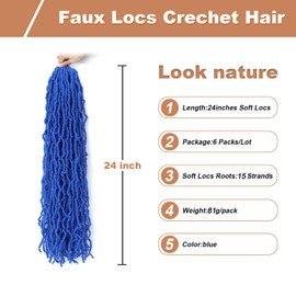 Soft Locs 24 Inch 6 Packs Blue Crochet Hair Faux Locs Pre-looped Super Lightweight Goddess Locs Synthetic Crochet Hair Braids For Black Women (Blue, 24 Inch（Pack of 6）)