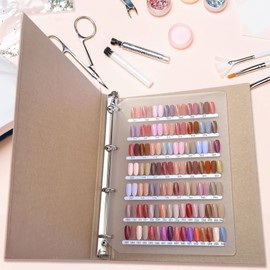 Large Press on Nail Organizer with Binder, Brown Kraft Paper Nail Display Book, Nails Color Sample Album with Clear Nails, Stickers, Self-Adhesive Tape