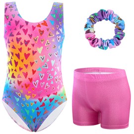 XiaoMoSha Gymnastics Leotards for Girls with Shorts and Hairband Sparkly Ballet Dance Set Rainbow Dancing Tumbling Kids Gradient Biketards Activewear PinkHearts 9-10Y