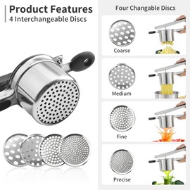 Stainless Steel Potato Masher，with 4 Interchangeable Discs for Heavy Duty Pressing and Mashing - Perfect Kitchen Tool for Making Smooth Mashed Potatoes