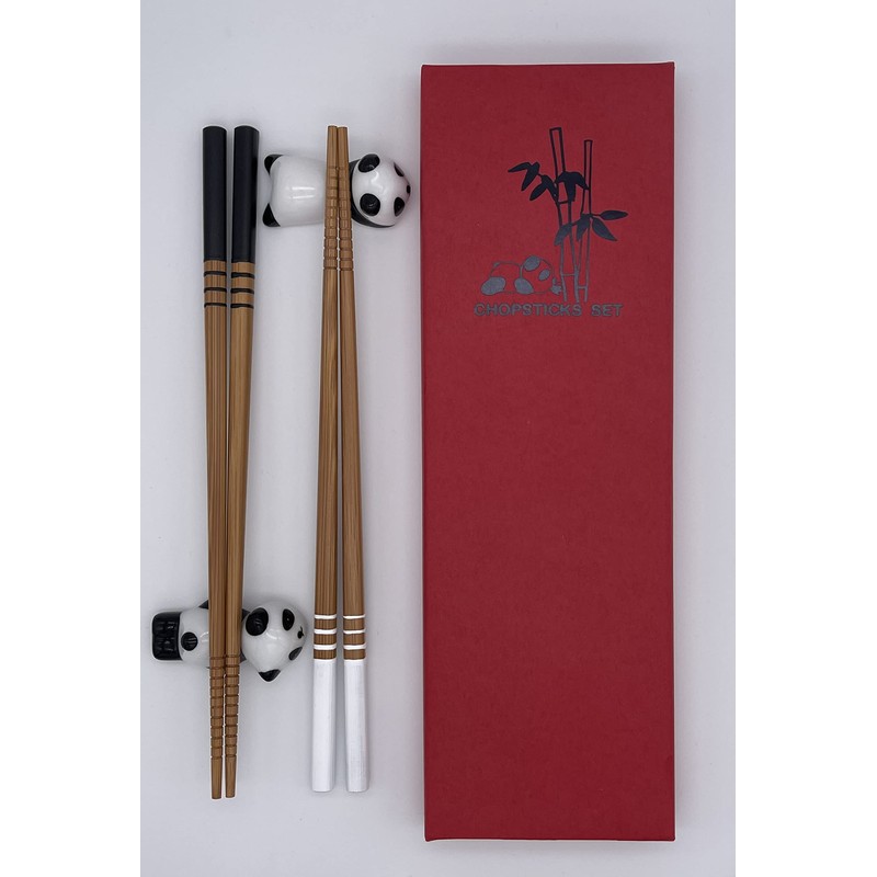 Sushi Chopsticks Set Panda 2 Pairs Including Ceramic Base Premium