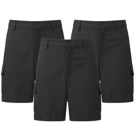 janisramone® Boys Cargo Shorts, Pack of 3 Half Elasticated Waist Boys School Shorts with Zip and Clip Fastening, Elegant & Practical Summer School Uniform, Ages 3-13 Years in Black & Grey
